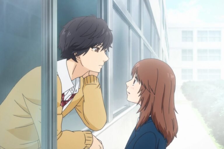 Kou Mabuchi and Futaba Yoshioka standing and facing each other at school, from the anime Ao Haru Ride.