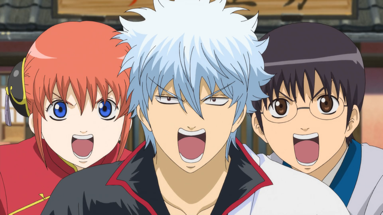 Kagura, Gintoki Sakata, and Shinpachi Shimura from the anime Gintama.