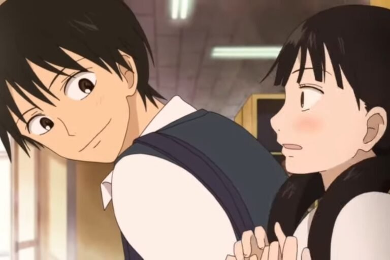 Shouta Kazehaya and Sawako Kuronuma standing beside each other, with Shouta smiling and looking at her while Sawako is blushing, from the anime Kimi ni Todoke: From Me to You.