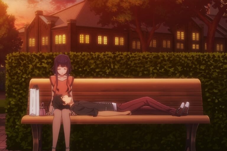 Masamune Makabe and Aki Adagaki are on a bench, with Aki sitting and Masamune lying down with his head resting on her lap, from the anime Masamune-kun's Revenge.