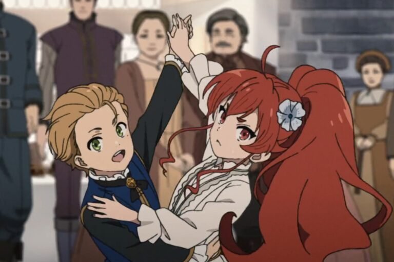 A scene of Rudeus Greyrat and Eris Boreas Greyrat dancing together from the anime Mushoku Tensei: Jobless Reincarnation.