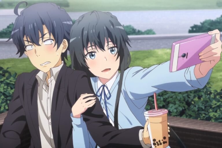 Yukino Yukinoshita taking a selfie happily with a blushing Hachiman Hikigaya in a scene from My Teen Romantic Comedy SNAFU anime.