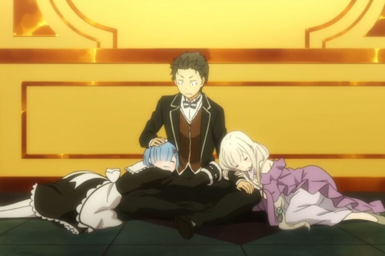 A scene of Emilia and Rem lying in Subaru Natsuki's lap from the anime Re:ZERO -Starting Life in Another World.