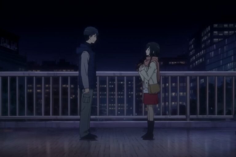 Chizuru Hishiro and Arata Kaizaki standing and looking at each other from the anime ReLIFE.