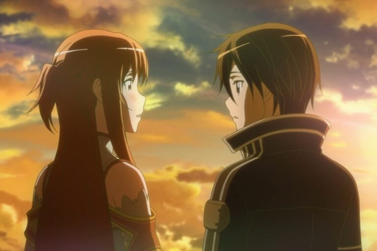 A scene of Kazuto Kirigaya and Asuna Yuuki looking at each other from the anime Sword Art Online.