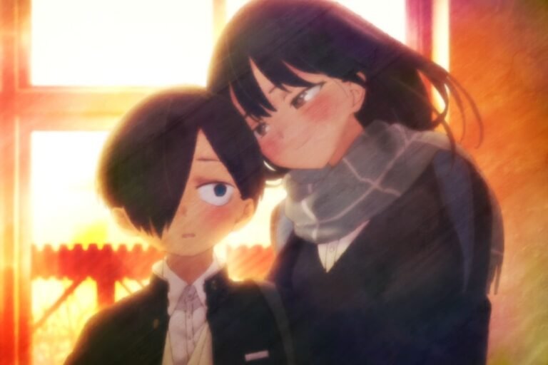 Anna Yamada and Kyoutarou Ichikawa standing very close to each other, touching heads. Yamada is blushing and smiling, while Ichikawa is also blushing, from the anime The Dangers in My Heart.