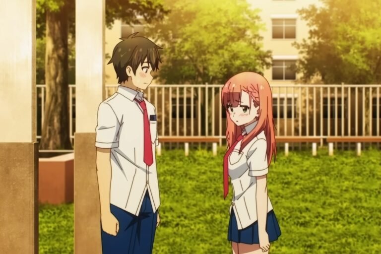 Aika Natsukawa and Wataru Sajou standing and facing each other, with Aika blushing and looking in another direction while Sajou is looking at her and blushing, from the anime The Dreaming Boy is a Realist