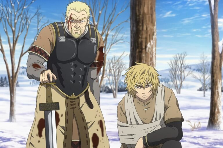 A scene of Thorfinn and Askeladd from the anime Vinland Saga.