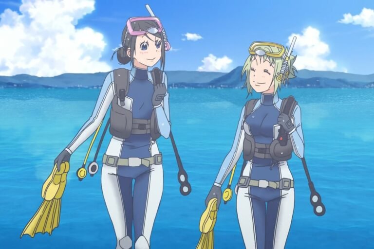 A scene of Futaba Ooki and Hikari Kohinata in diving suits coming out of the ocean from the anime Amanchu!