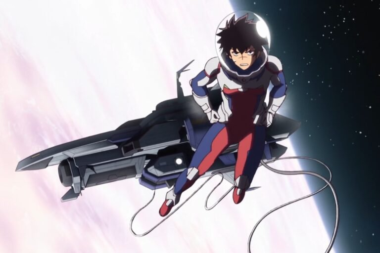 A scene of Kanata Hoshijima wearing a spacesuit and floating in space from the anime Astra Lost in Space.