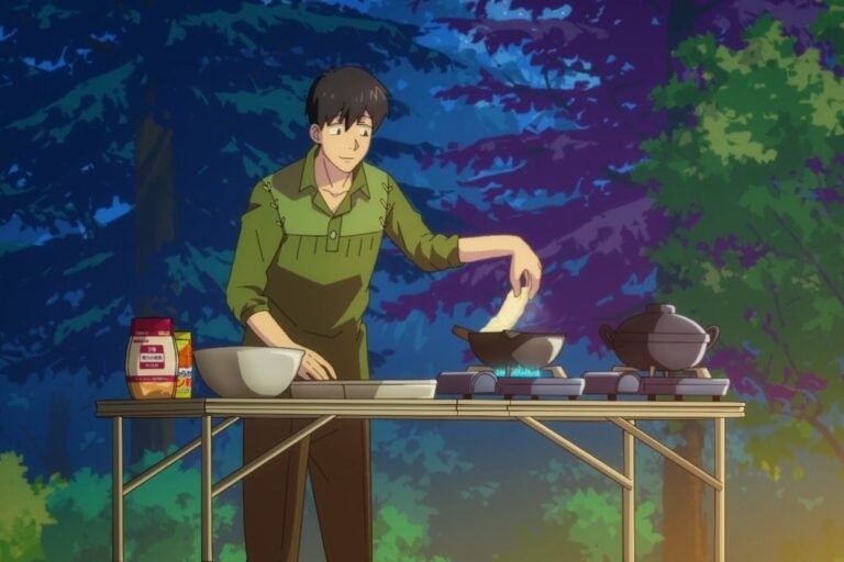 A scene of Tsuyoshi Mukouda cooking from the anime Campfire Cooking in Another World with My Absurd Skill.