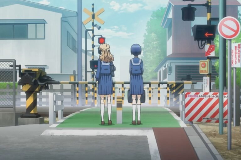 An image of two school girls standing at a railroad crossing from the anime Crossing Time.