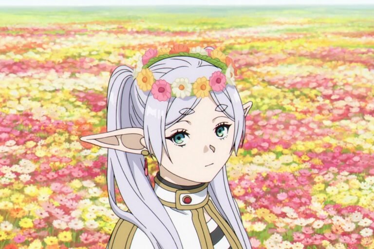 A scene of Frieren in a field of flowers with a flower crown on her head from the anime Frieren: Beyond Journey's End.