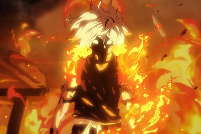 A scene of Gabimaru engulfed in intense flames, standing in front of a fiery background, with a menacing, powerful aura from the anime Hell's Paradise.