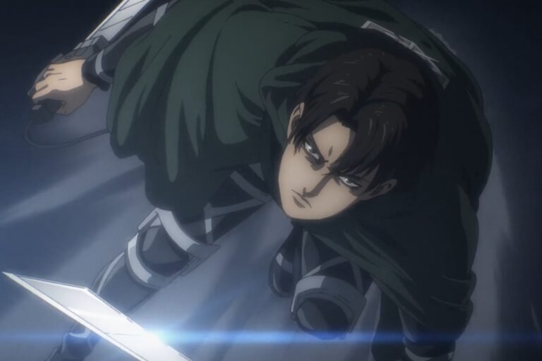 Levi Ackerman in action from the anime Attack on Titan.