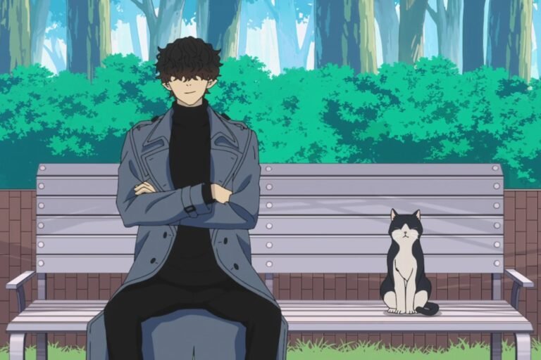 A scene of Warumono-san sitting on a bench with a black and white cat from the anime Mr. Villain's Day Off.