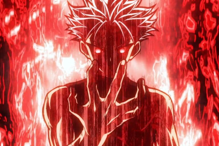 A scene of Ragna engulfed in a powerful red aura, with glowing red eyes, standing in an intense pose, surrounded by flames or energy, from the anime Ragna Crimson.