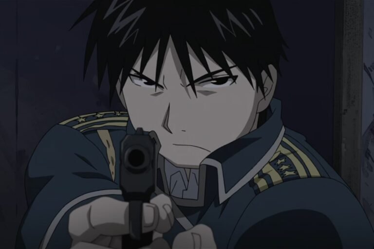 Roy Mustang pointing a gun from the anime Fullmetal Alchemist: Brotherhood.