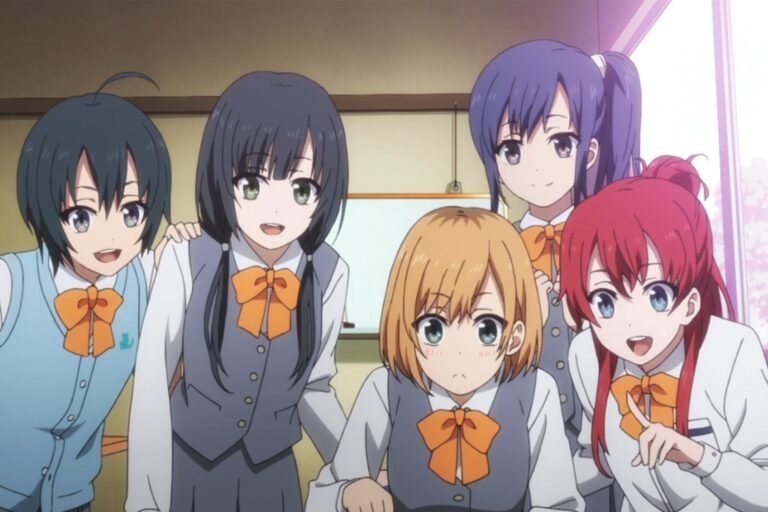 An image of Misa Toudou, Ema Yasuhara, Aoi Miyamori, Midori Imai, and Shizuka Sakaki from the anime Shirobako.