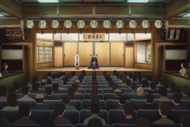 A scene of a storyteller performing rakugo in front of an audience from the anime Showa Genroku Rakugo Shinju.