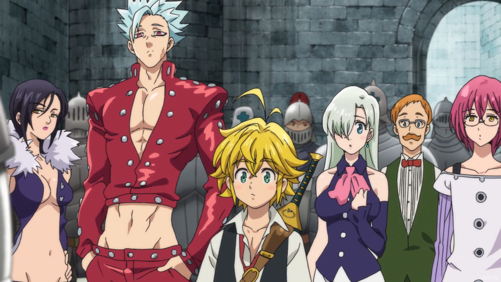 Merlin, Ban, Meliodas, Elizabeth Liones, Escanor, and Gowther standing together from the anime The Seven Deadly Sins.