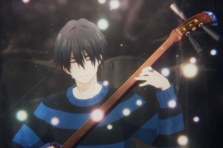 A scene of Setsu Sawamura playing the shamisen from the anime Those Snow White Notes.