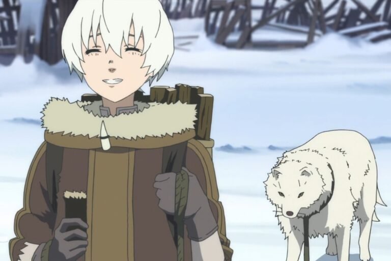 Fushi smiling with his wolf companion Joan behind him from the anime To Your Eternity.