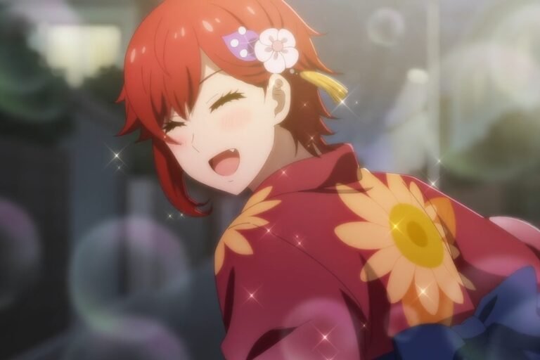 An image of Tomo Aizawa with a sweet smile, wearing a red yukata from the anime Tomo-chan Is a Girl!