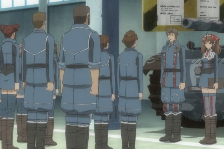 A scene of Welkin Gunther talking to the other members of Squad Seven, with Alicia Melchiott from the anime Valkyria Chronicles.