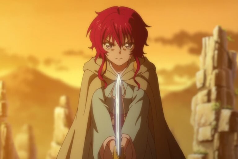 A scene of Yona holding a sword from the anime Yona of the Dawn.