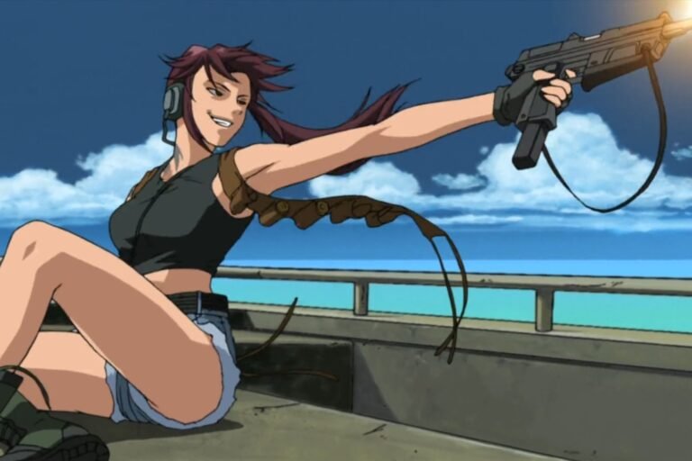 Revy smiling and firing a gun from the anime Black Lagoon.