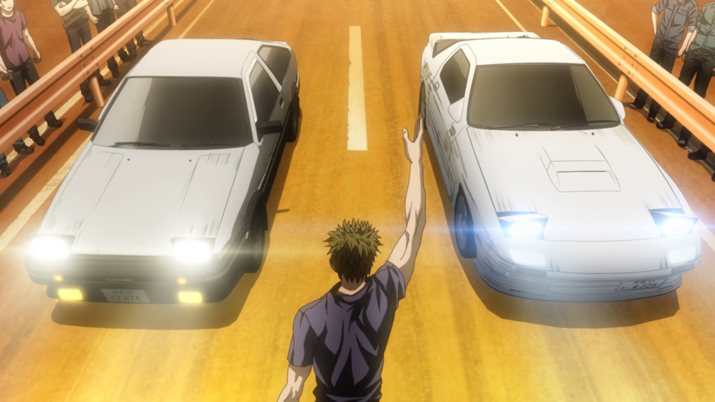 A scene of a Toyota AE86 and a Mazda RX-7 at the starting point of a race from the anime Initial D Legend 3: Dream.