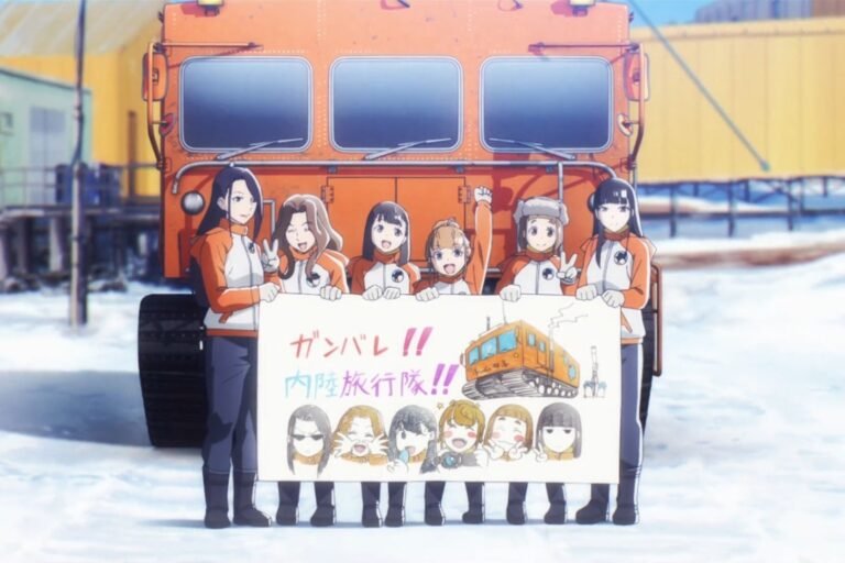 Six girls standing together in Antarctica, from the anime A Place Further Than The Universe.