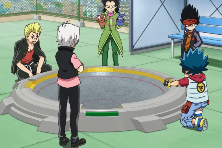 A scene of some boys playing Beyblade from the anime Beyblade Burst.