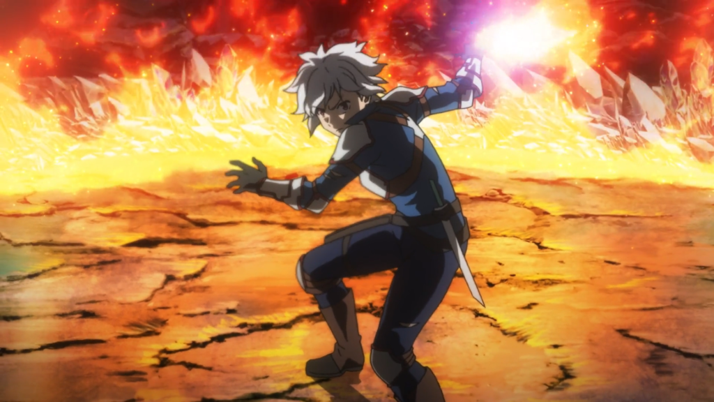 Bell Cranel in action from the anime Is It Wrong to Try to Pick Up Girls in a Dungeon?