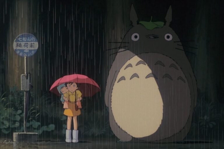 Mei Kusakabe, Satsuki Kusakabe, and Totoro from the anime My Neighbor Totoro.