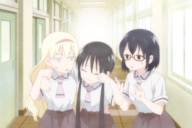 Olivia, Hanako Honda, and Kasumi Nomura together in a scene from the anime Asobi Asobase.