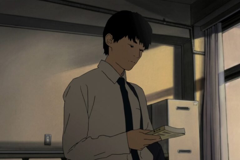 Takao Kasuga holding a book from the anime Flowers of Evil.