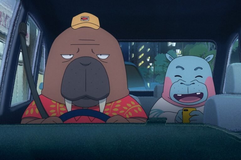 Hiroshi Odokawa driving a taxi from the anime Odd Taxi.