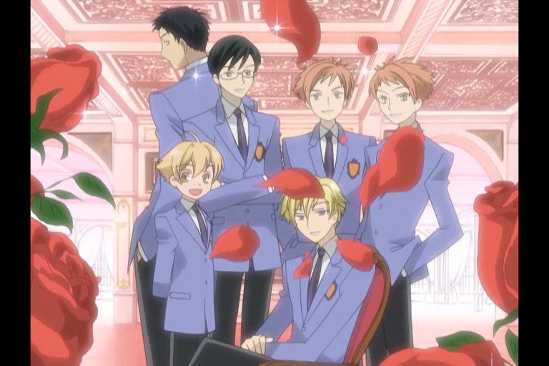 Tamaki Suou, Hikaru Hitachiin, Kaoru Hitachiin, Kyouya Ootori, Mitsukuni Haninozuka, and Takashi Morinozuka from the anime Ouran High School Host Club.