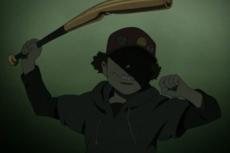 Shounen Bat, also known as Little Slugger, holding a baseball bat with a freaky smile from the anime Paranoia Agent.