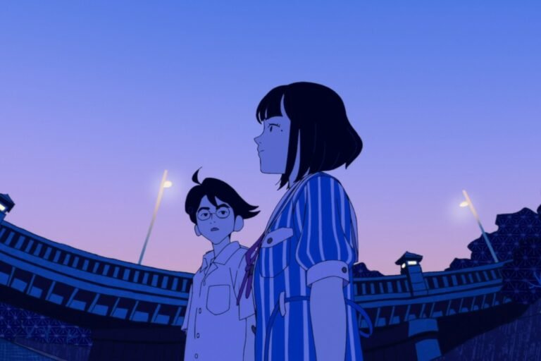 Watashi and Akashi standing together from the anime The Tatami Galaxy.