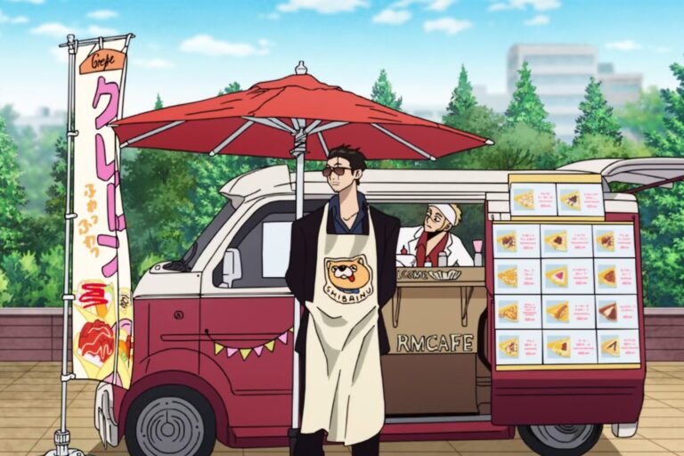 Tatsu and Masa with a food van from the anime The Way of the Househusband.