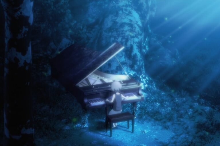 A scene of Kai Ichinose playing piano in a forest from the anime Forest of Piano.