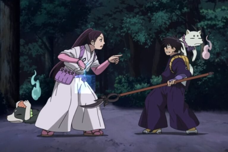 Yoshimori Sumimura, Tokine Yukimura, Madarao, and Hakubi from the anime Kekkaishi.