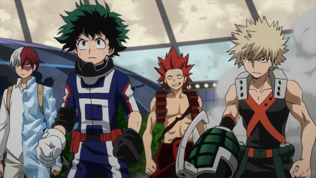 Shouto Todoroki, Izuku Midoriya, Eijirou Kirishima, and Katsuki Bakugou standing together from the anime My Hero Academia.