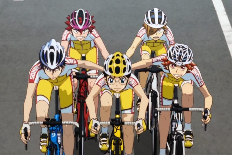 A scene of Sakamichi Onoda and four other boys cycling from the anime Yowamushi Pedal.