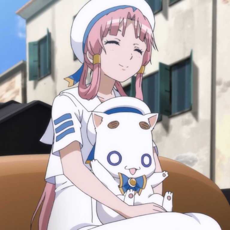 This image shows Akari Mizunashi sitting down, holding Aria Pokoteng in her lap, from the anime Aria the Avvenire.