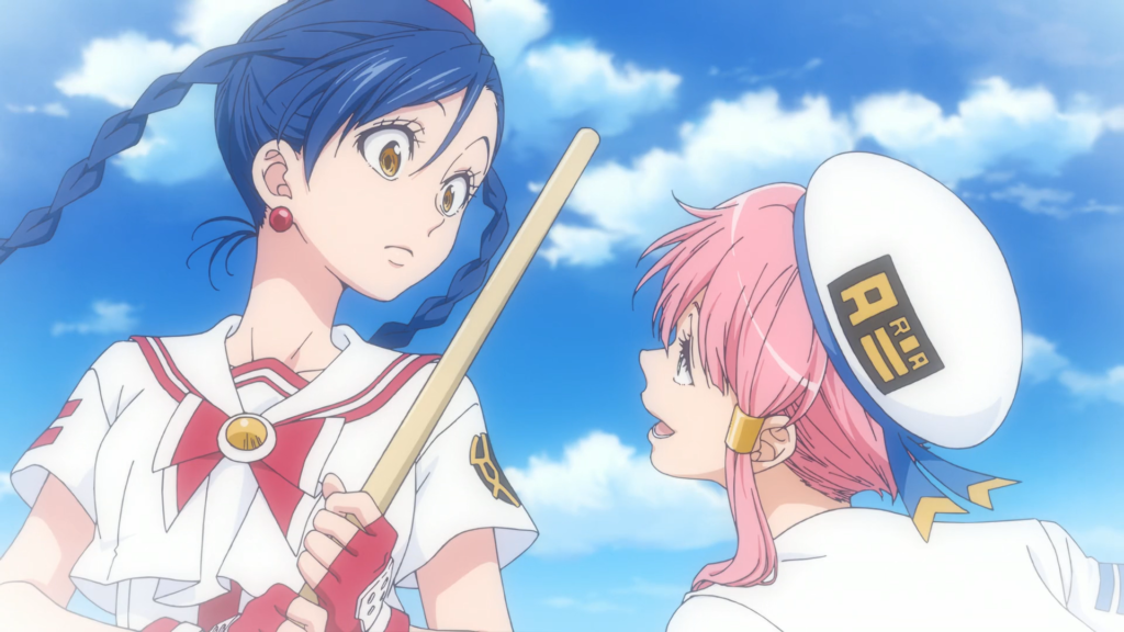 A scene of Aika S. Granzchesta and Akari Mizunashi looking at each other from the anime movie Aria the Benedizione.