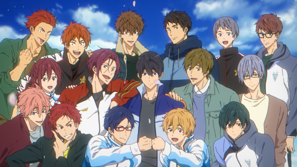 This image features all the characters from the anime Free! Movie 5: The Final Stroke - Kouhen.